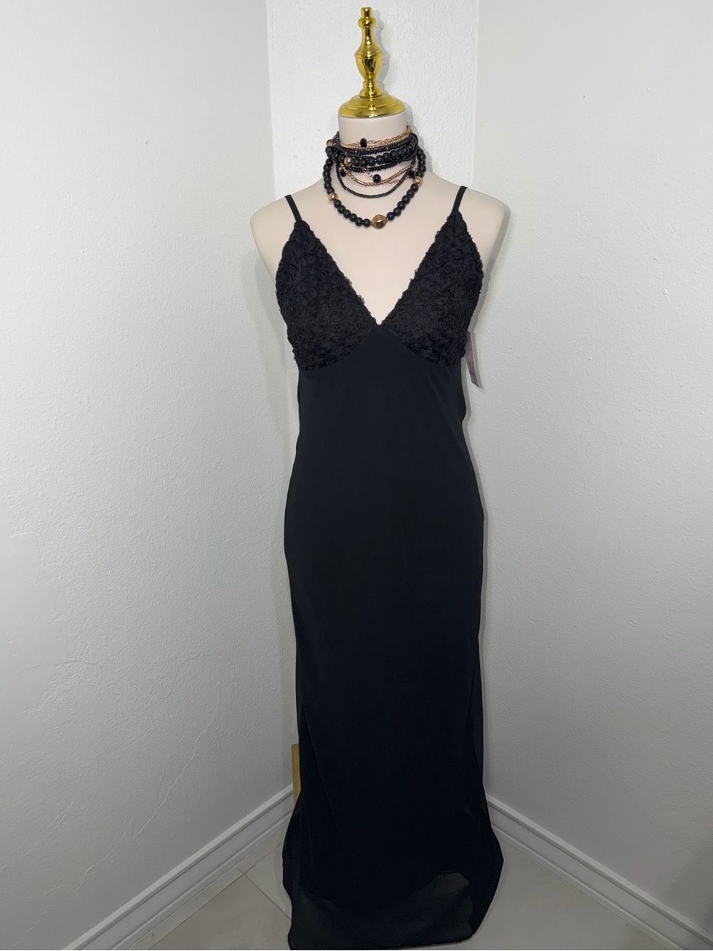 Black Lace Bodice Slip Dress Open Back